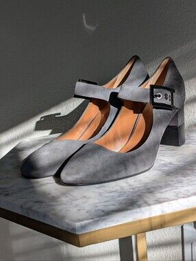Gray Mary Jane Block Heel Pumps